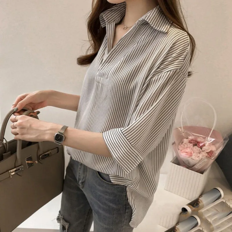 Striped Shirt Women's Spring and Summer Blouse Korean Loose and Thin Seven-quarter Sleeve Top Female 2026