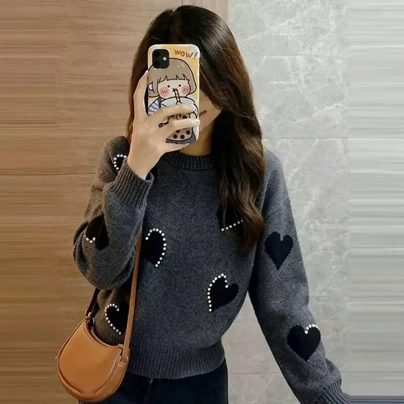 

Women's Autumn Winter 2025 Cashmere Sweaters Heart Jacquard Long Sleeved Knitwear Top Casual Loose Zipper Pullovers F414