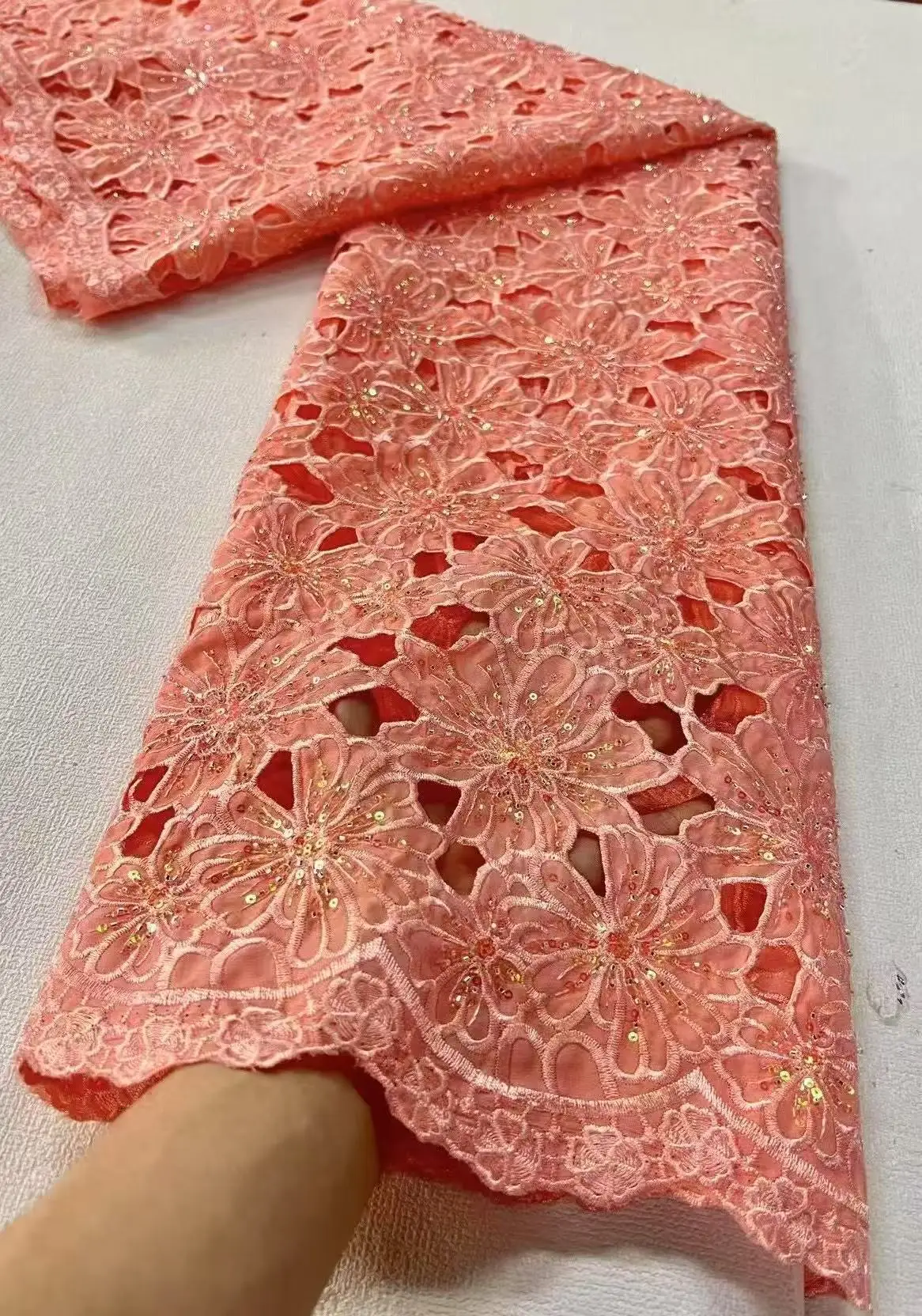 

High Quality 2025 African Milk Silk Sequins Cord Lace Fabric Latest French Net Lace Tulle Mesh Fabric For Party Dress Sewing