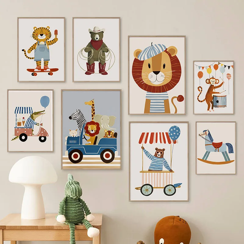 Tableau mural en toile amusant avec animaux de dessin animé, voitures et ballons, affiches et impressions Lion, Ours, Tigre, pour la décoration de chambre de bébé et d'enfant