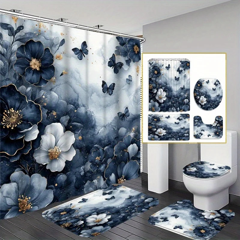 

Набор для ванной комнаты из 4 предметов с бабочкой и цветочным узором, занавеска для душа, нескользящий коврик, чехол на сиденье унитаза, нескользящий коврик