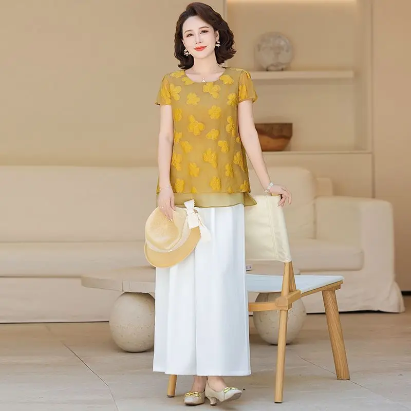 

Women Clothing Summer Chinese Style Fashion Printing Solid Color O-neck Female Indie Folk Short Sleeve Tops Casual Wide Leg Suit