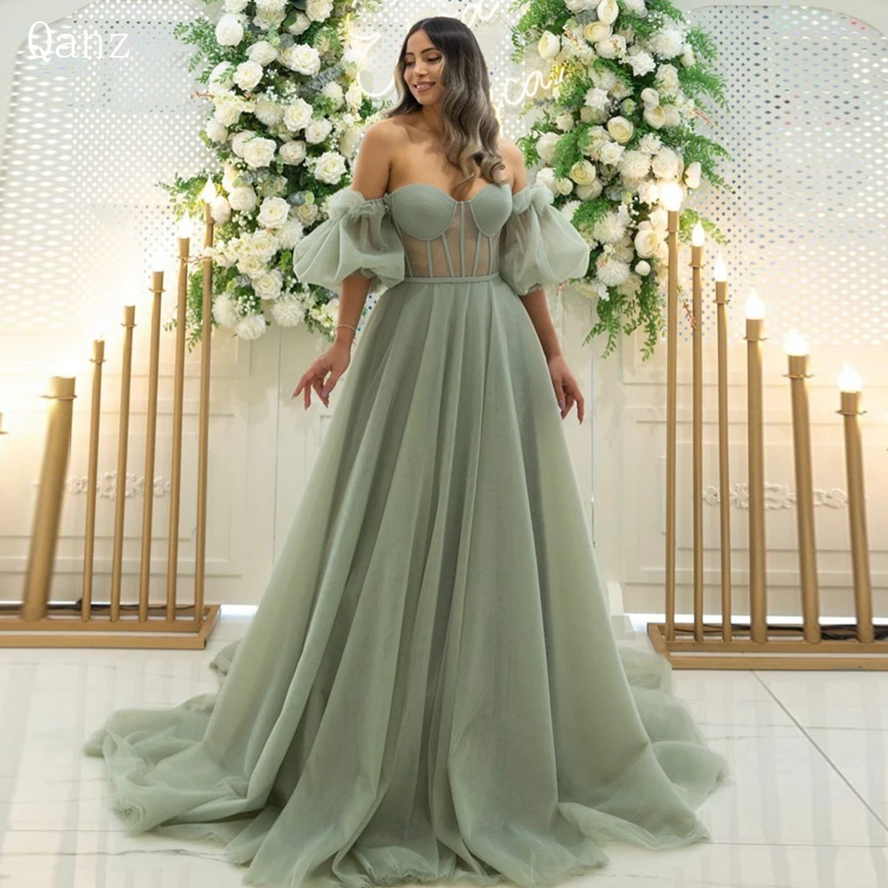 Qanz A-line Sweetheart Vestidos De Noche With Fishbone Short Puff Sleeves Prom Dresses Light Green Tulle Sweep Train Party Gowns