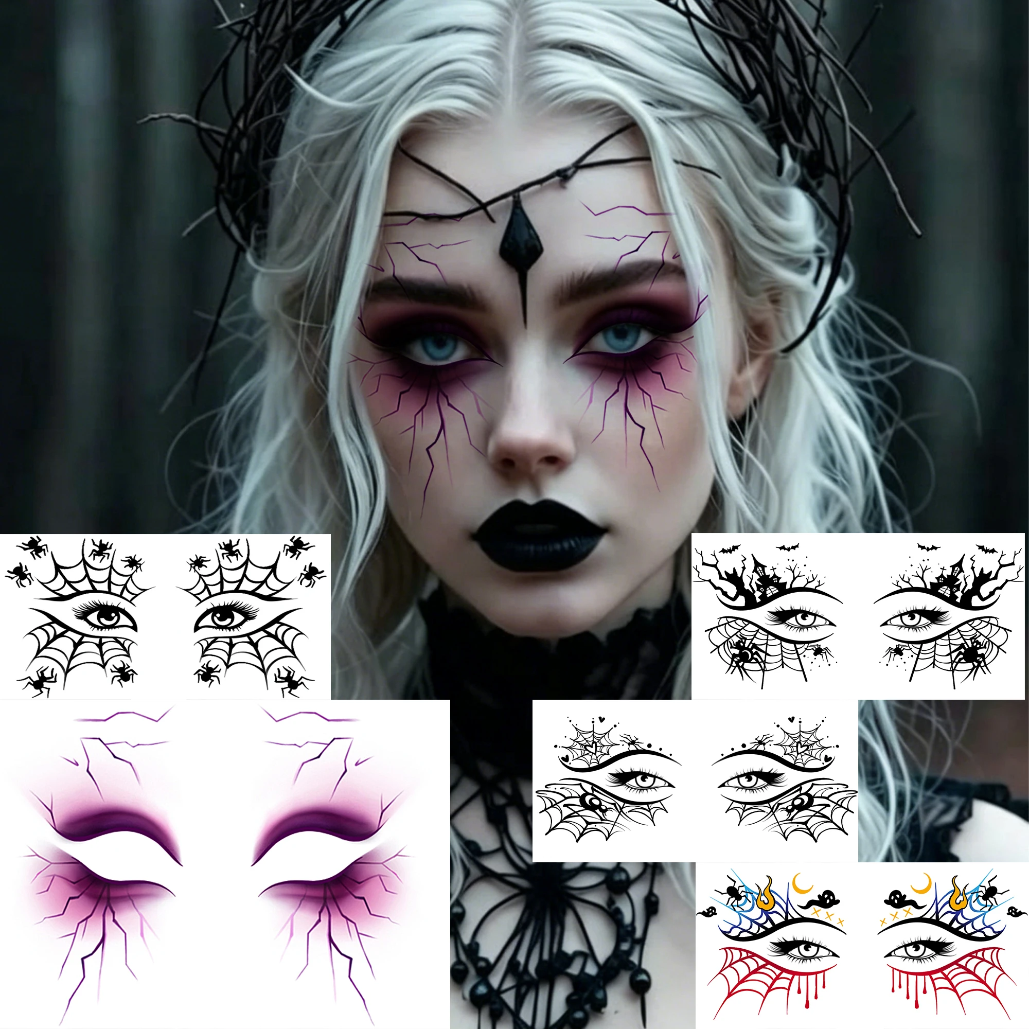 5 Sheets Halloween Spider Spiderweb Blood Vessels Lightning Temporary Tattoos For Adult, Waterproof Durable Fake Tattoo Stickers