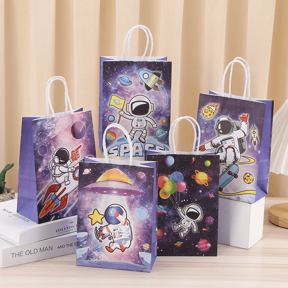 6Pc Cartoon Astronaut Rocke Theme Paper Gift Packing Bag Shopping Tote Bag for Kids Outer Space Birthday Baby Shower Party Decor