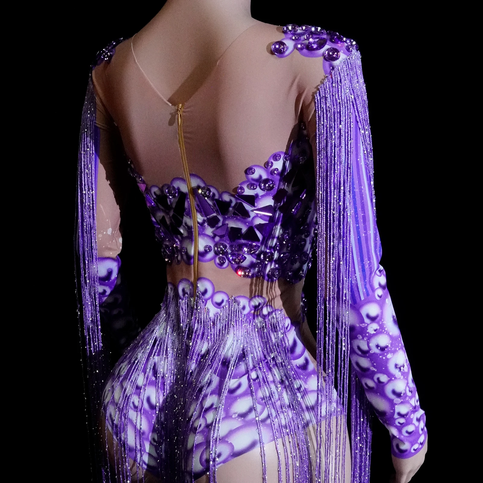 반짝 이는 보라색 거울 라인 석 프린지 레오타드 바디 슈트 댄스 공연 무대 파티 카니발 복장 나이트 클럽 레이브 의류