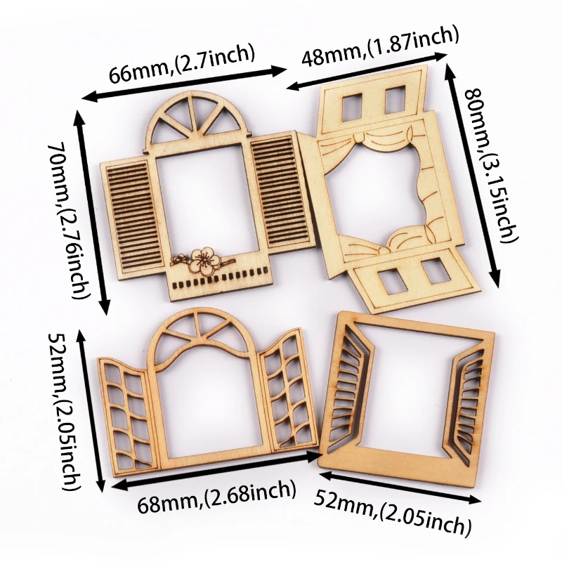4pcs 60-80mm Mixed Window Shape Wooden Slices Decor For DIY Scrapbooking Handmade Crafts Home Decorations mt2560