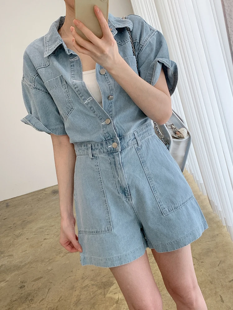 Denim Jumpsuit Voor Vrouwen Single Breasted Verzameld Taille Effen Mode Vrouwelijke Kleding Koreaanse Stijl 2024 Zomer Nieuw