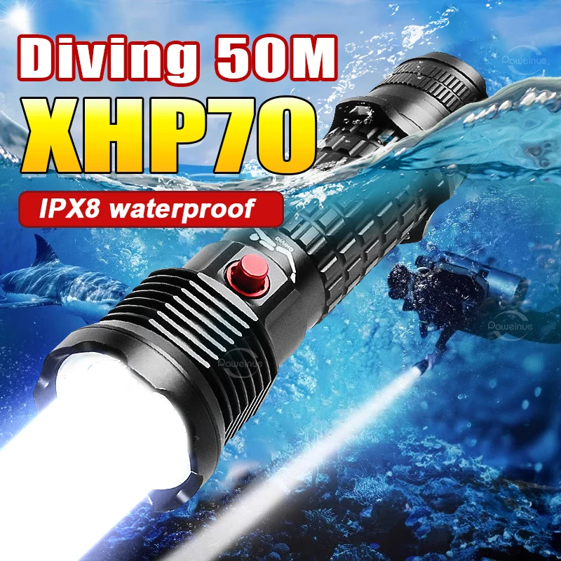 

XHP70 Professional Diving Flashlight White Light 4 Modes Diving 50 Meters Underwater Lantern Portable Searchlight Scuba Lamp