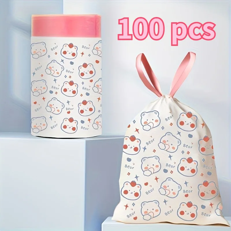 

100 сверхпрочных пластиковых мешков для мусора с принтом медведя и завязками, для кухни, спальни и общежития