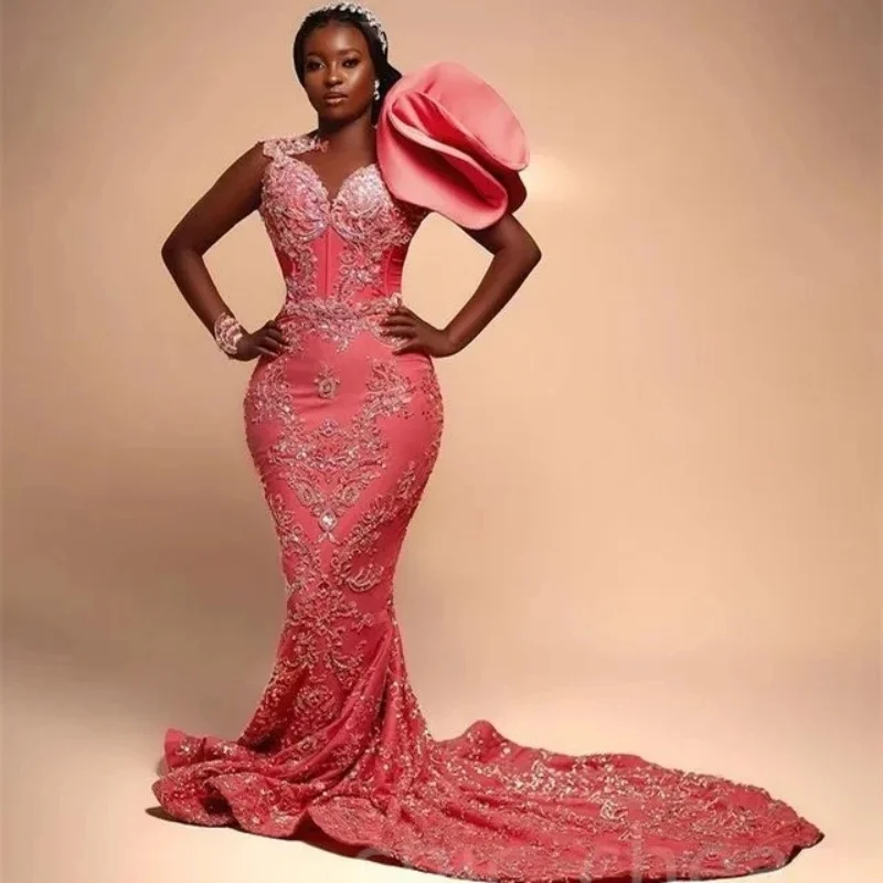 

Customized Pink African American Prom Dresses Mermaid Sweetheart Appliques Beaded Black Girl Nigeria Robe De Soiree Evening Gown