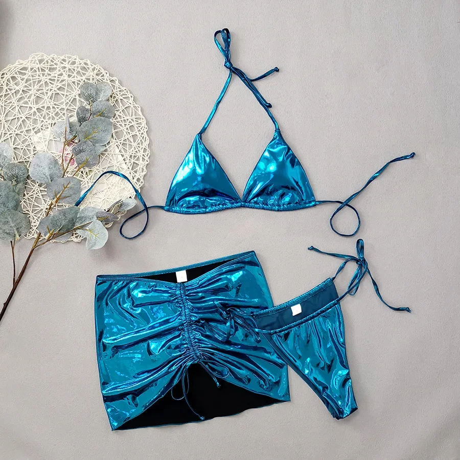 Merloly 2025 New Swimwear Women, Sexy Shiny Golden Halter 3 Pieces Bikini Set With Drawstring Beach Skirt Backless Swimsuit