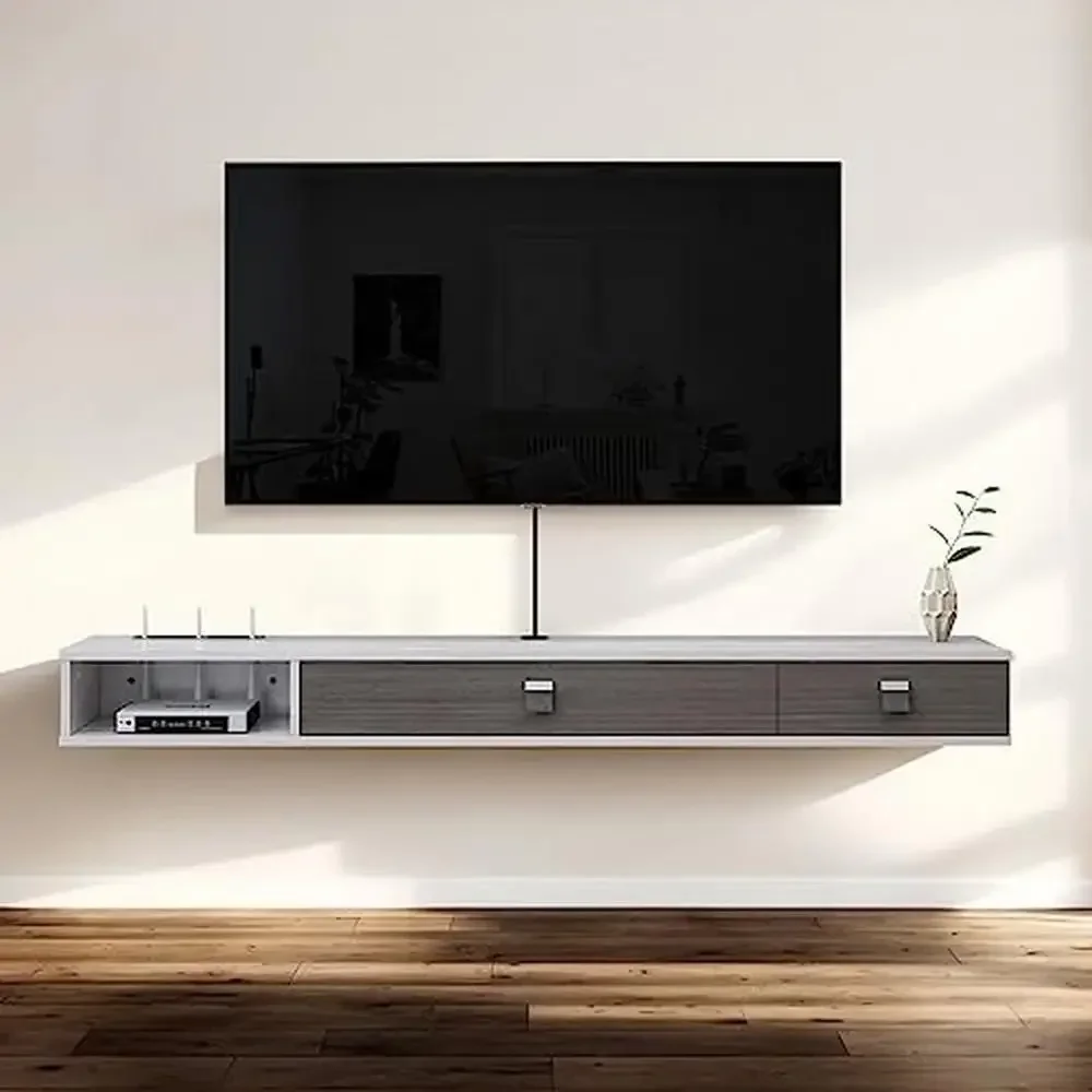 Floating TV Console Cabinet Media Entertainment Shelf 70'' Wall Mounted Unit with 2 Doors Cable Management and Storage Neat &