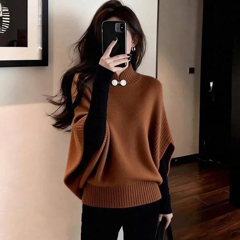 

Vintage Bat Sleeve Shawl Cape Sweater Women's Outer Wear 2026 Spring New Fashion Elegant Loose Pullover Knitwear Tops