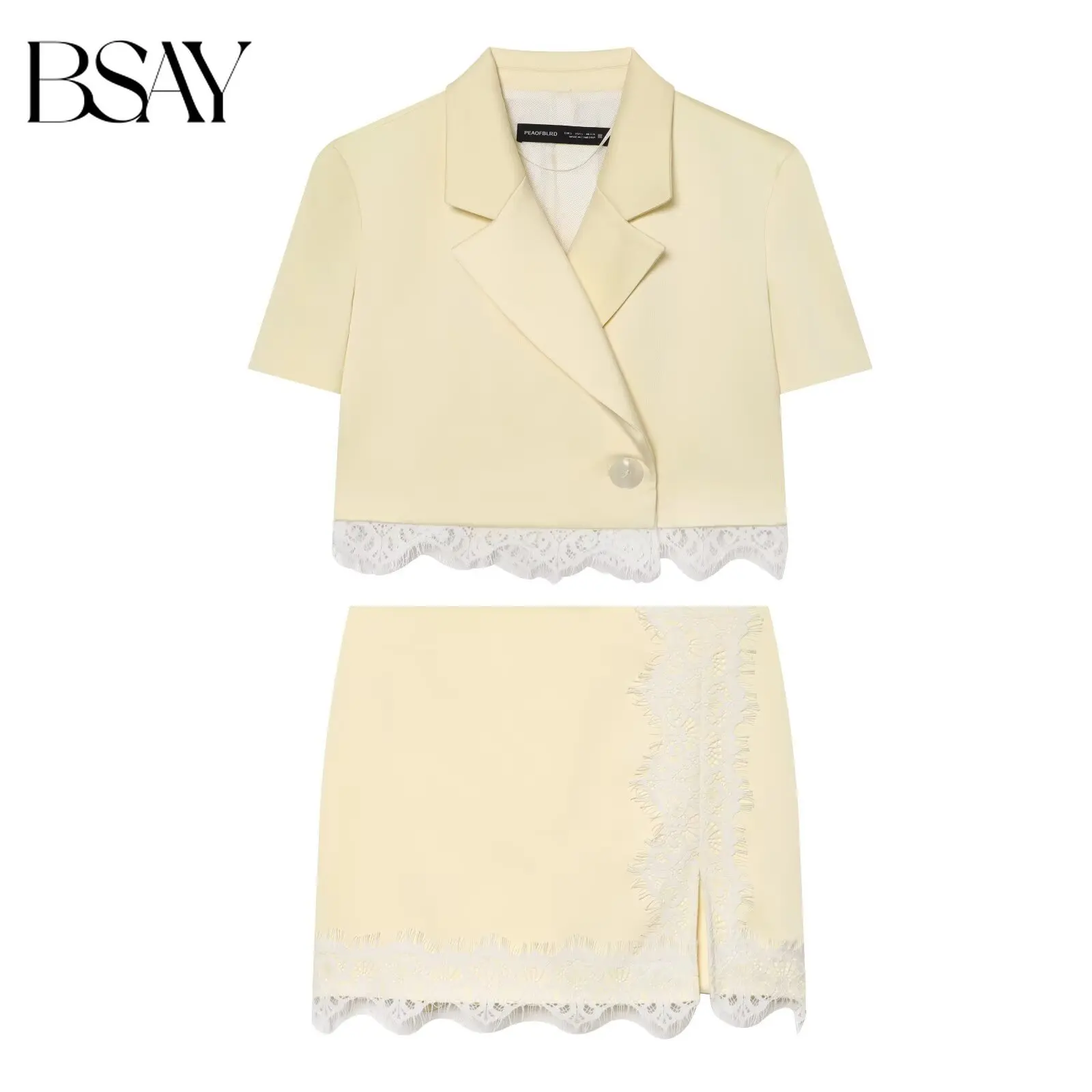 

BSAY New Women's 2-Piece Blazer Set Short Sleeve Single Button Cropped Blazer Lace Trim Split Mini Skirt Elegant Formal Suit