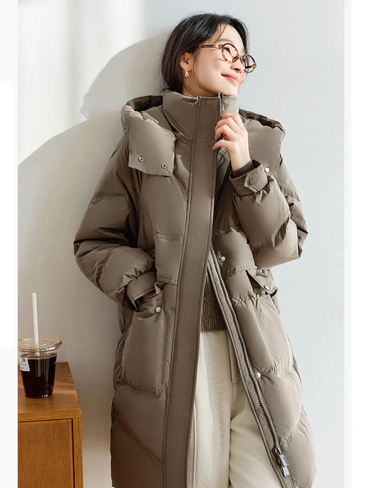 VIMLYWomen\'s Fashion Simple Lightweight Long Down Coat Winter Warm Hooded Stand Collar Zipper Straight Jacket Commuter Outerwear