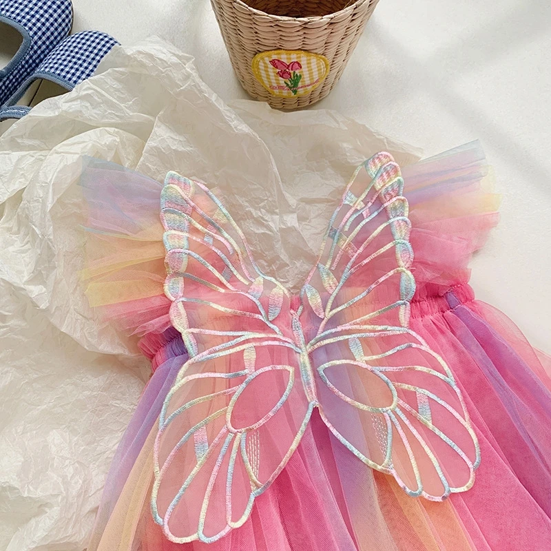 Summer Toddler Baby Girls\' Princess Party Birthday Dress Back Rainbow Bow Wing Fairy Sleeveless Embroidered Butterfly Mesh Dress