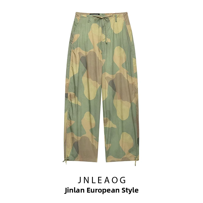 JNLEAOG Autumn New Women's Casual Print Personality Belted Wide Leg Pants Comfortable Natural Waist Polyester Fibre 100%