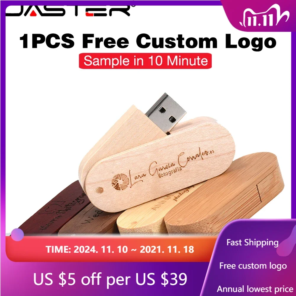 JASTER Customize Engraved LOGO wooden rotate usb 2.0 U Disk thumb pen drive 4GB 8GB 16GB 32GB 64gb 128GB (free custom logo)