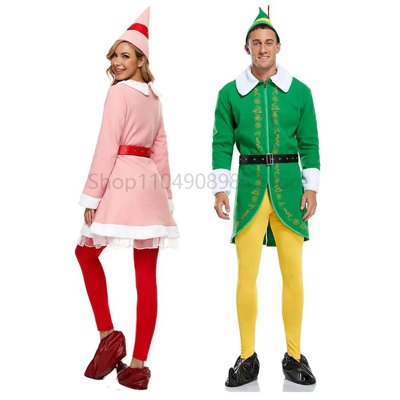 

Christmas Womens Elf Dress Mens Xmas Elf Costume Green Pink Christmas Cosplay Adult Suit Economic