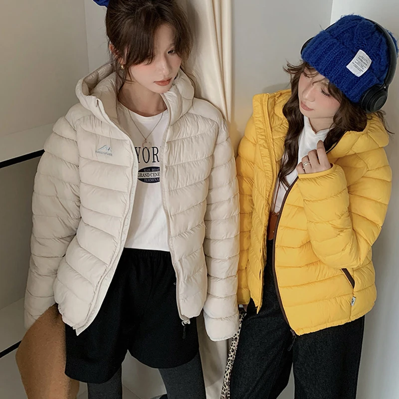 Lightweight Down Cotton Jackets Women Autumn Winter Warm Long Sleeve Hooded Parkas Woman Solid Zipper Up Short Cotton Parkas