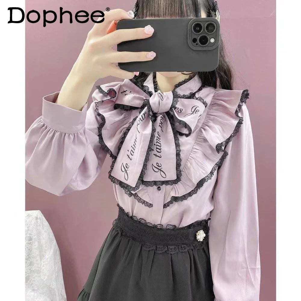 

Rojita Shirt Autumn New Mine Mass-Produced Doll Collar Bow Blouse Tops Printed Lace Ruffles Long Sleeve Blusas Feminina Elegant