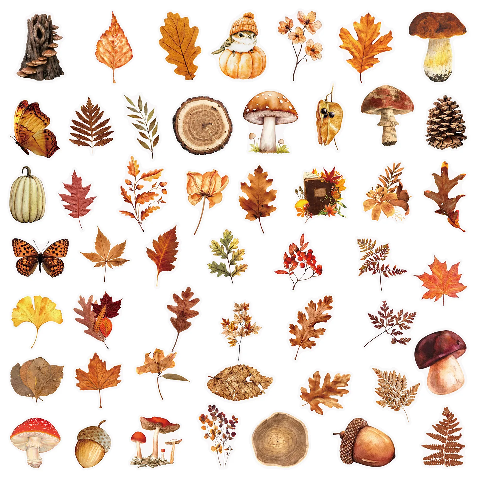 50PCS Autumn Forest Transparent Stickers, Fall Leaves & Mushroom Decals for Journals, Phones & Luggage ﻿