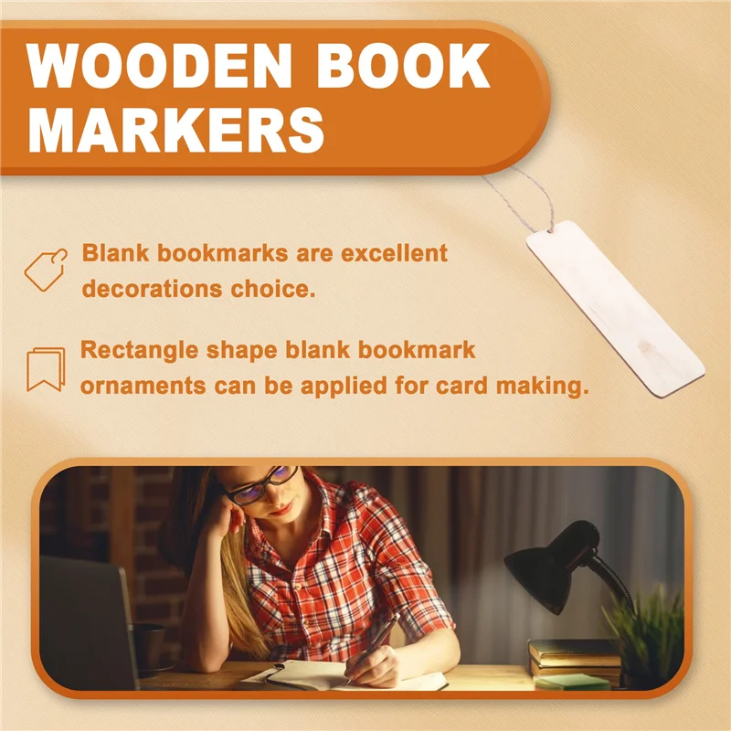 100Pcs Wooden DIY Bookmark Blank Bookmarks With Ropes Wooden Book Markers Rectangle Thin Hanging Tag