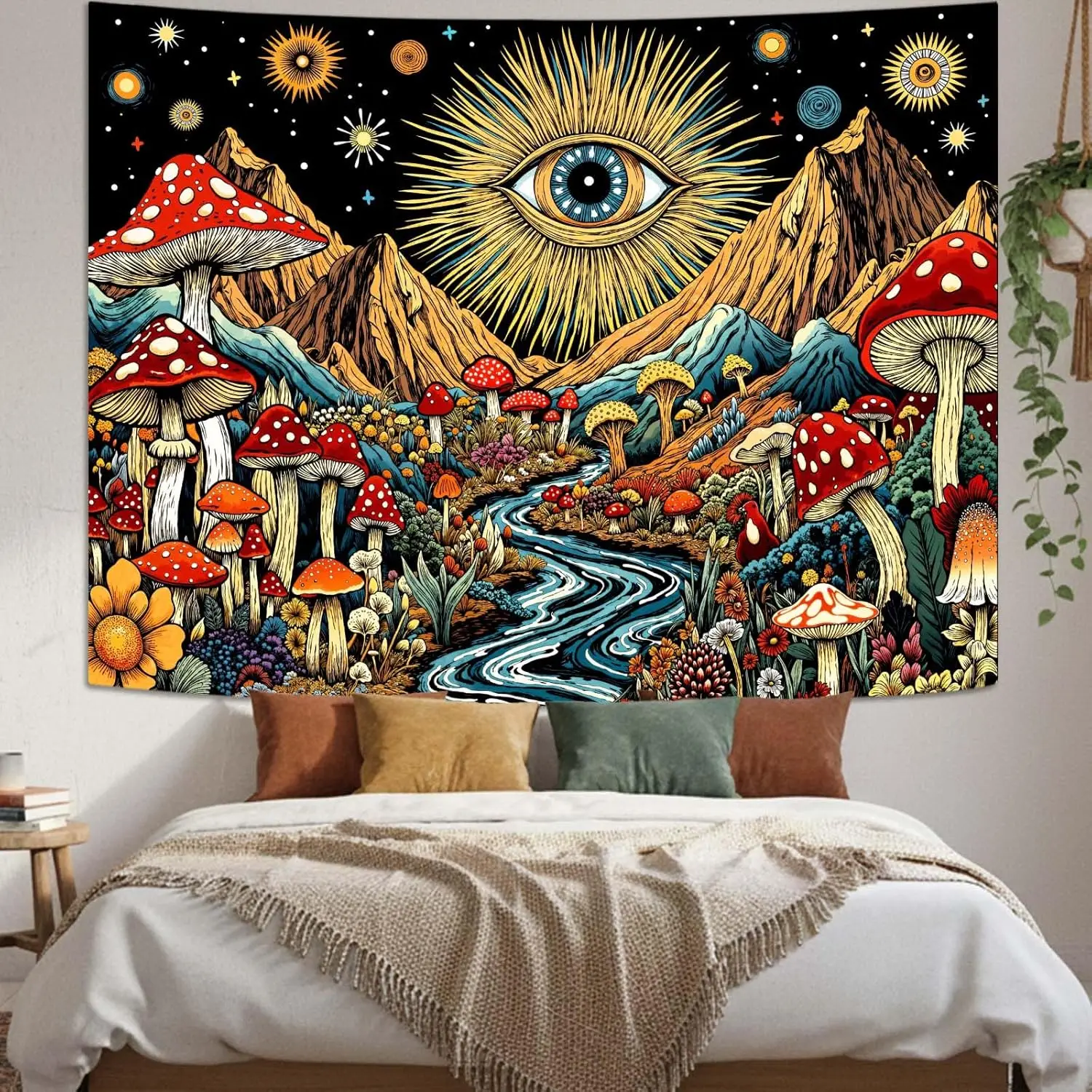 Mystic All-Seeing Eye Tapestry, Boho Mushroom Mountain River Star Print Large Wall Hanging for Bedroom Living Room Aesthetic