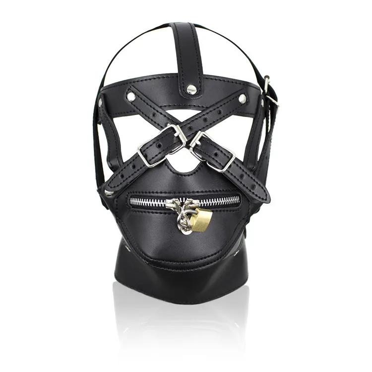 Testa in pelle PU Cappuccio Imbracatura Bocca con serratura Maschera con cerniera Lucchetto Giocattoli sessuali BDSM Bondage Copricapo Schiavo Restraint Gioco per adulti