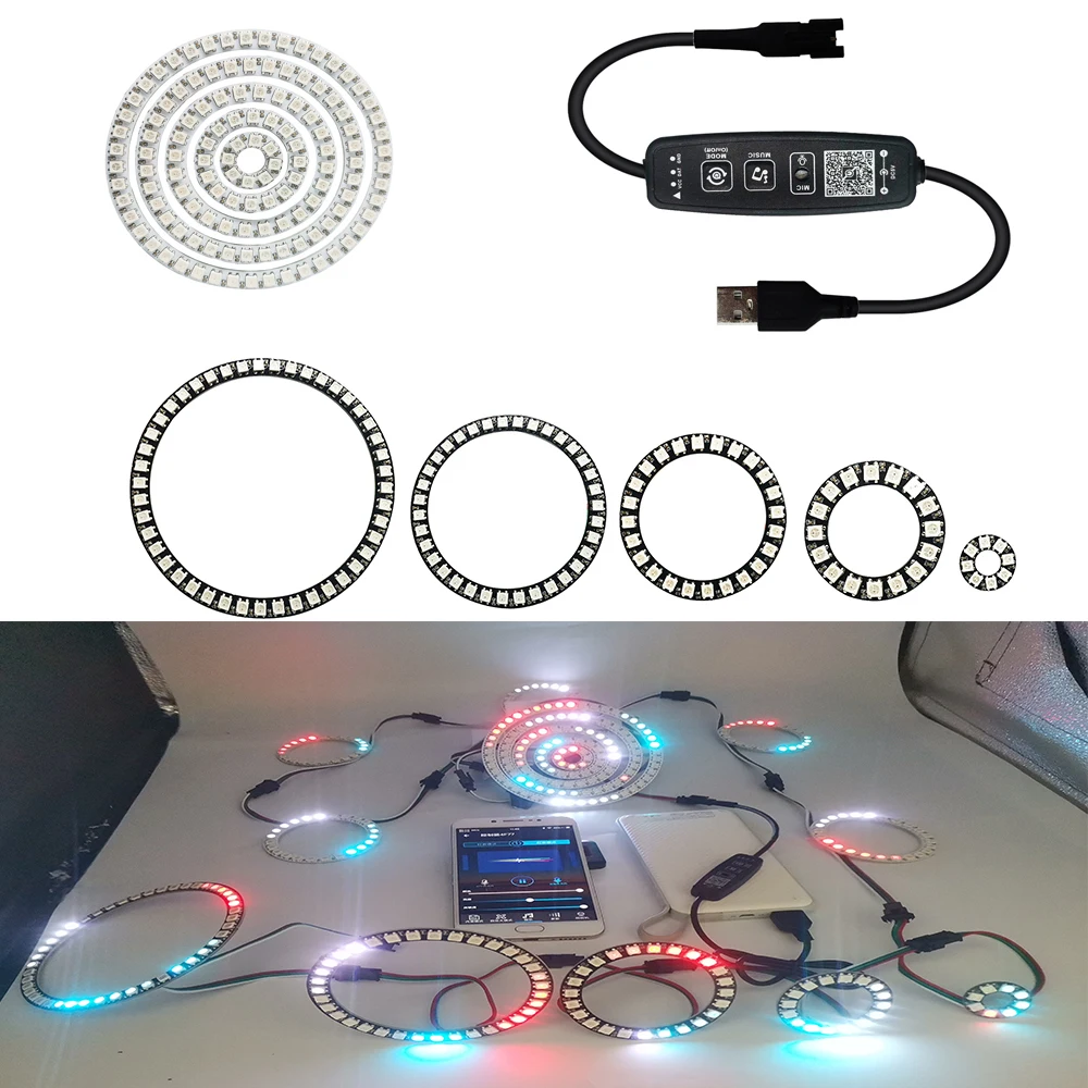 DC5V WS2812B RGB Individually Addressable Ring With USB Mini  Controller Music Built-in Microphone Button Bluetooth BT Pixel Kit