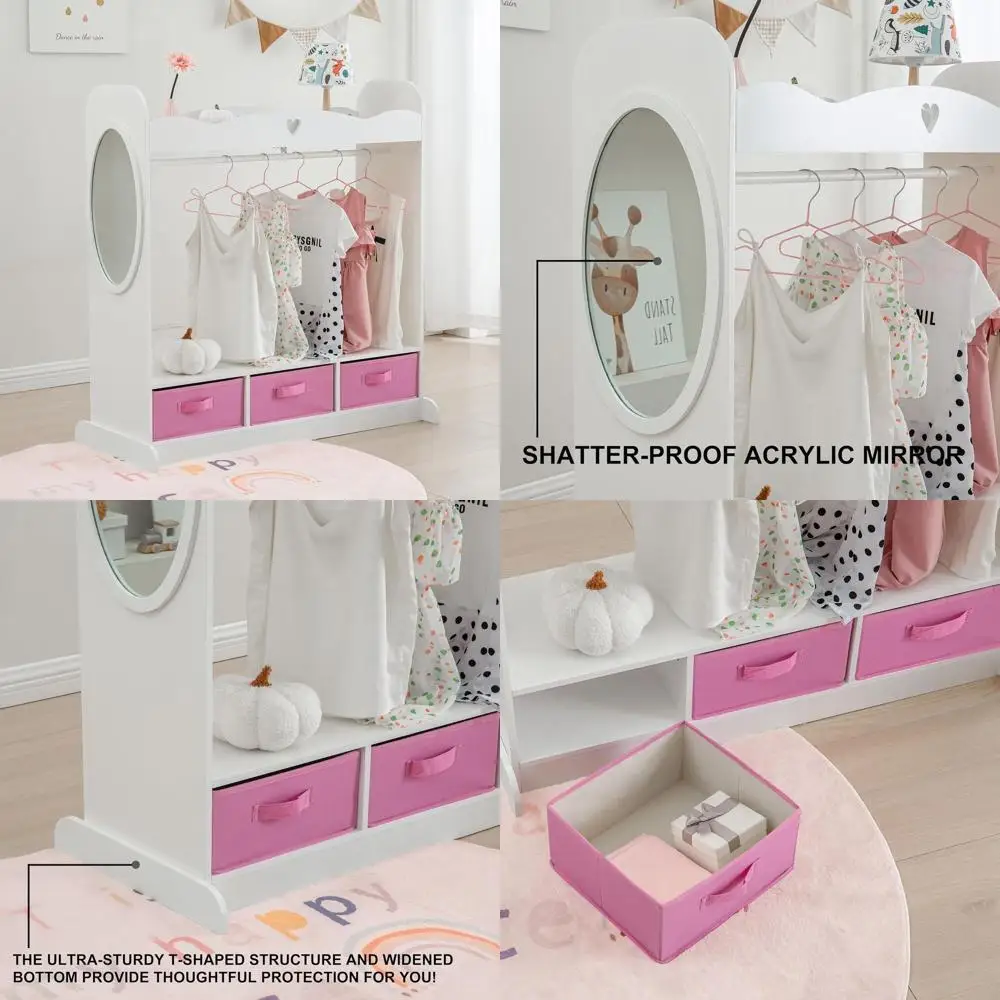 

Children's Mirrored Armoire with Hanging Closet and Toddler Costume Storage for Playroom or Girls' Bedroom