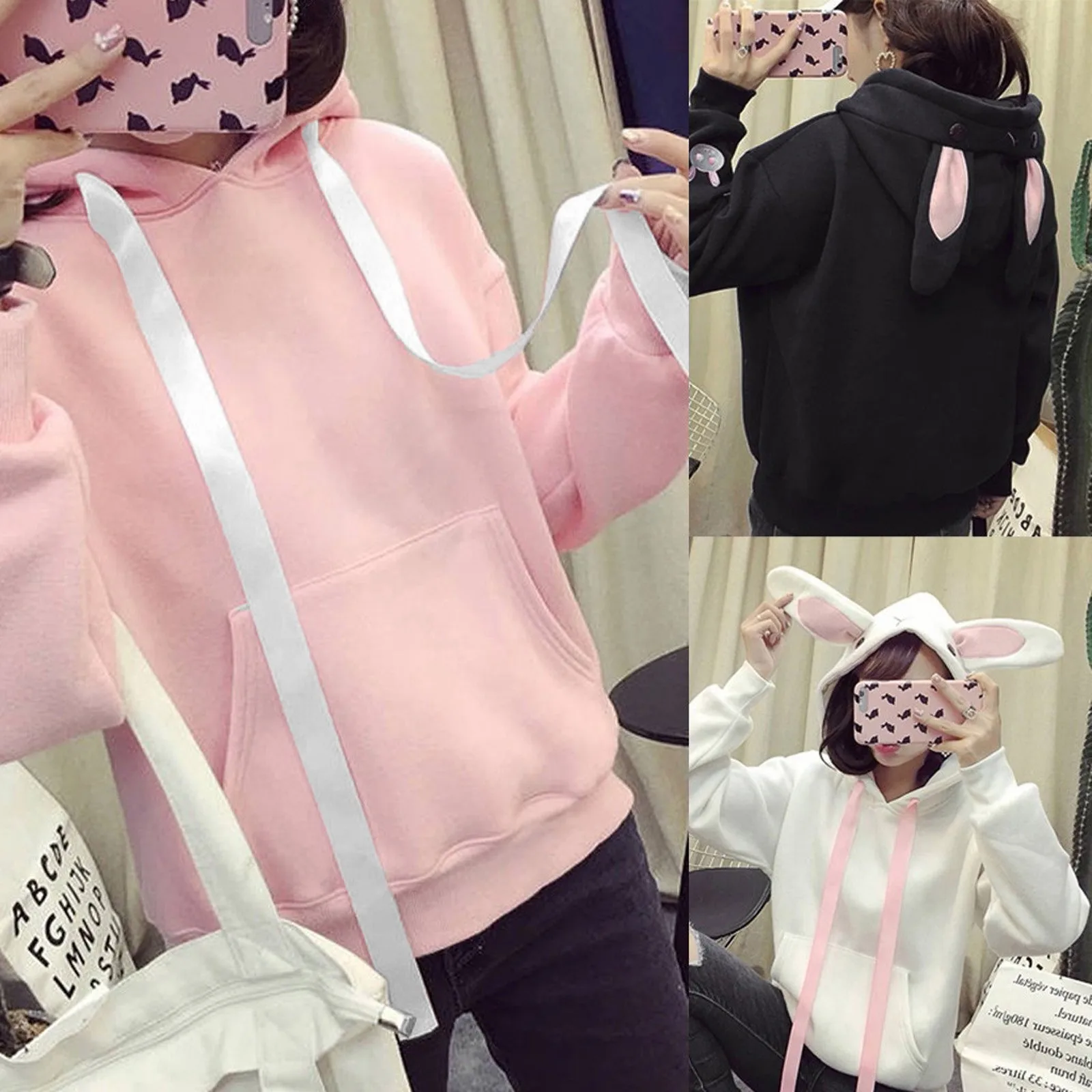 Autumn Sweet Women Hoodies Fashion Cute Rabbit Ears Hooded Pullovers Long Sleeve Loose Baggy Female Tops Plus Size Sweatshirt