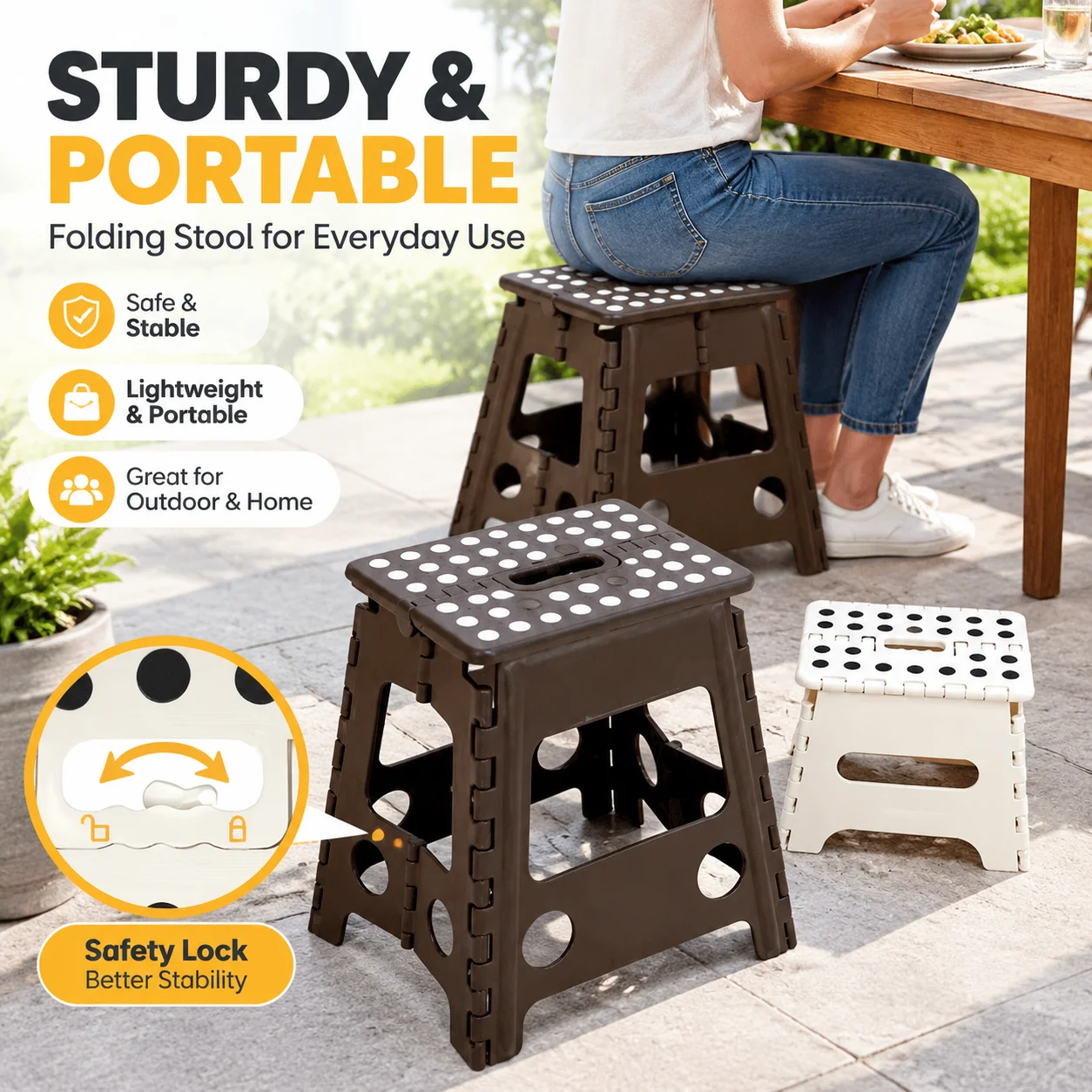 Thickened Plastic Folding Stool Portable Safety Lock Foot Pedal Chair for Outdoor Adult Dining