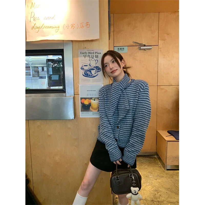 

Винтажный синий полосатый шарф, кардиган, свитер, женский корейский модный элегантный шарф, свитер, верхняя одежда, повседневный вязаный кардиган