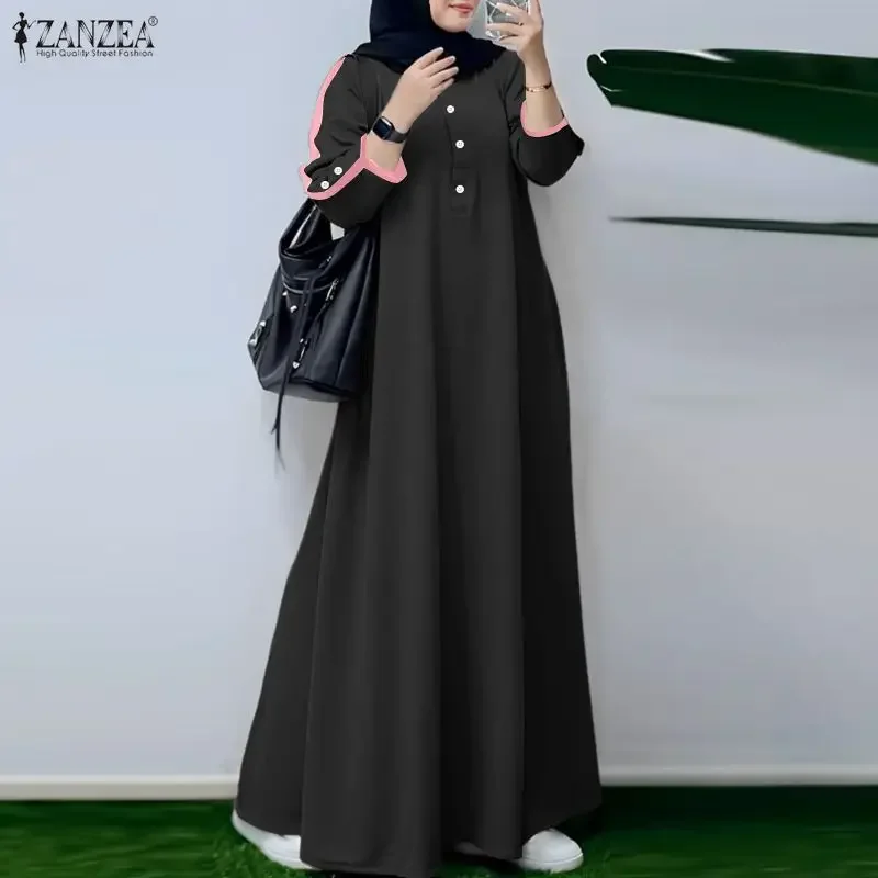 

Мусульманское платье-абайя ZANZEA 2026 для Рамадана, весеннее длинное платье-макси, модное женское платье с круглым вырезом, длинными рукавами, сарафан, кафтан, исламская одежда