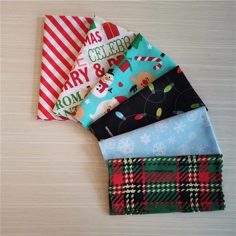 3Pcs 55x55cm 100% Cotton Headscarf Christmas Cartoon Printed Square Towel Plaid Striped Snowflake Deer Pet Scarf