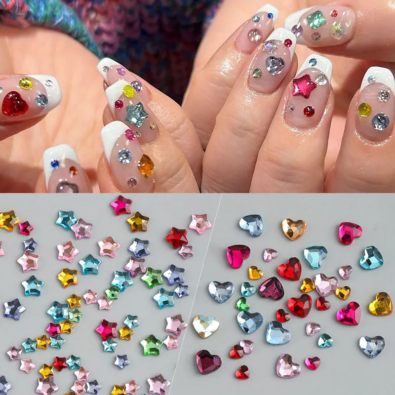 50/100Pcs Mixed 3D Colorful Star Heart Korea Style Nail Art Charms Rhinestones Cute Pentagram Love Heart Diamond Nail Gems Decor