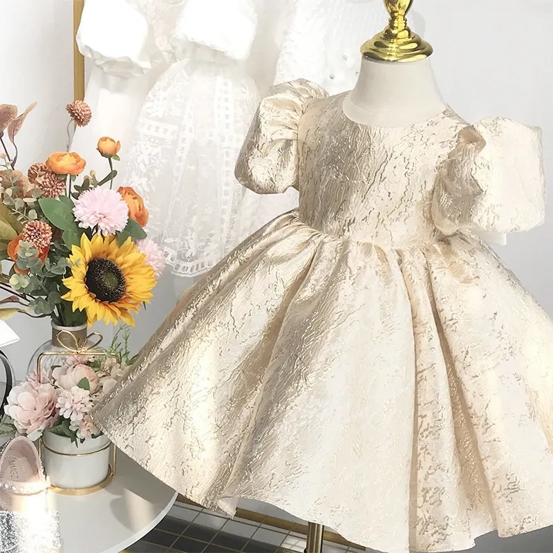 Baby Girl Princess Dress manica a sbuffo Infant Toddler Teen Bow Vestido Gold Party Birthday Ball Gown Xmas Baby Clothes 1-14Y