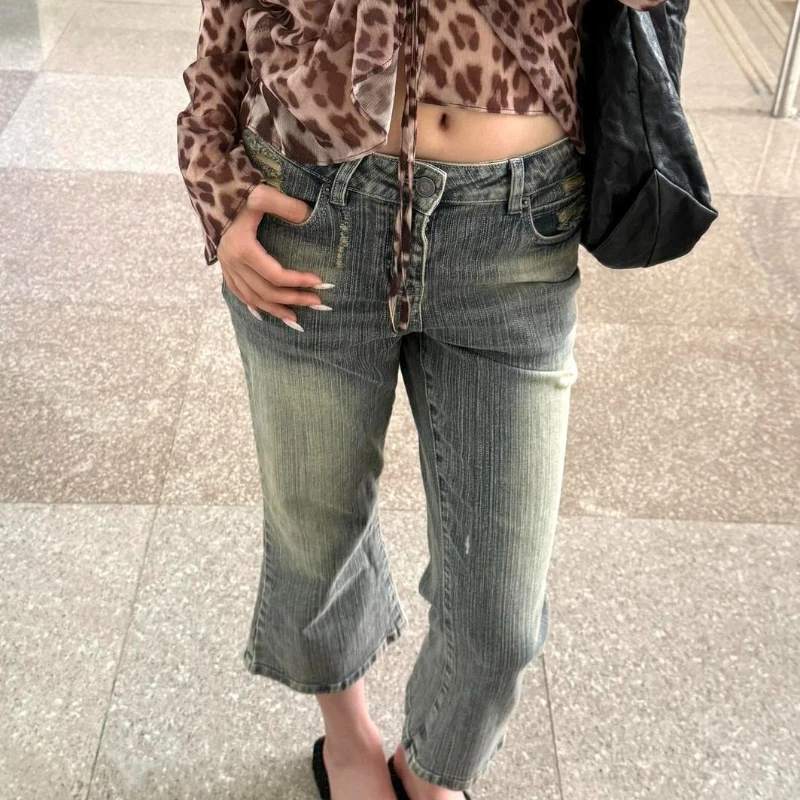 American Retro Old Worn Denim Cropped Pants Spice Girls Y2k Slim Pants