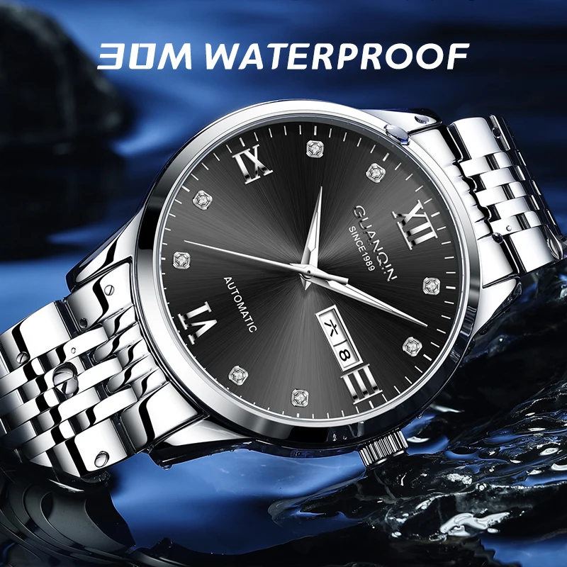 GUANQIN Men's Automatic Mechanical Watch Stainless Steel Band Business Casual Original Brand Night Light Waterproof Wristwatch