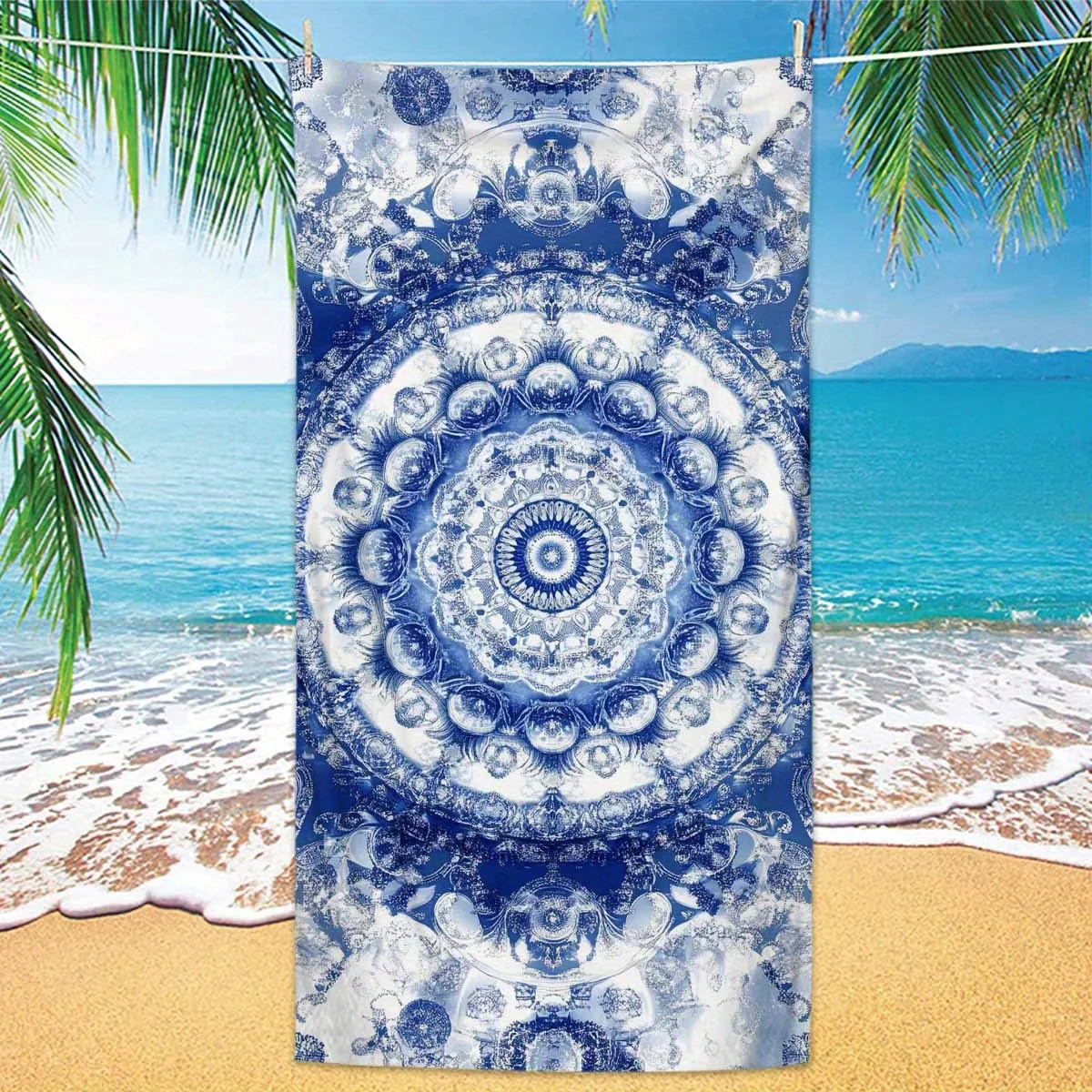 Blue and White Mandala Beach Towel Patterned Sunscreen And Windproof Suitable For Swimming Pool Camping Travel Blanket