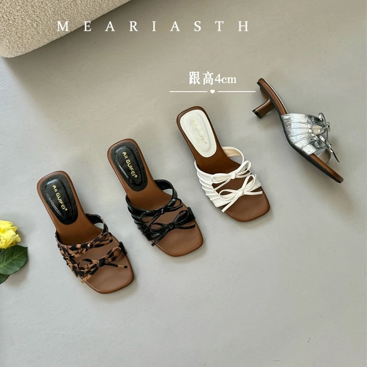 

Bowknot Design Slipper Mules Low High Heels Shoes Summer Best Street Look Females Square Head Open Toe bow Strappy Sandals Women