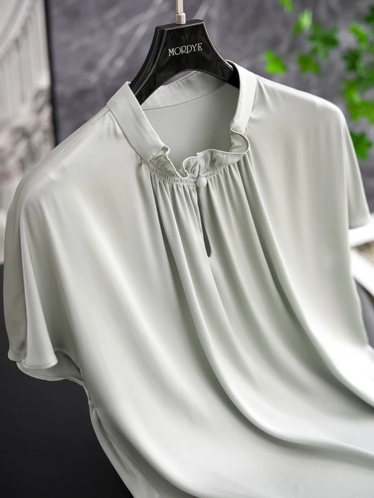 

Elegant Miss's Silken Shirt 19 Momme Elastic Short Sleeve Stand Collar Double Gauze Silk Worms Pure Color Commute Style