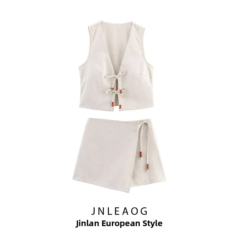 Ele Pure Color V-Ne Beaded Belted Skirt And Tank Top Two-Piece Set Women's Faion Autumn New Arrival Casual Wear