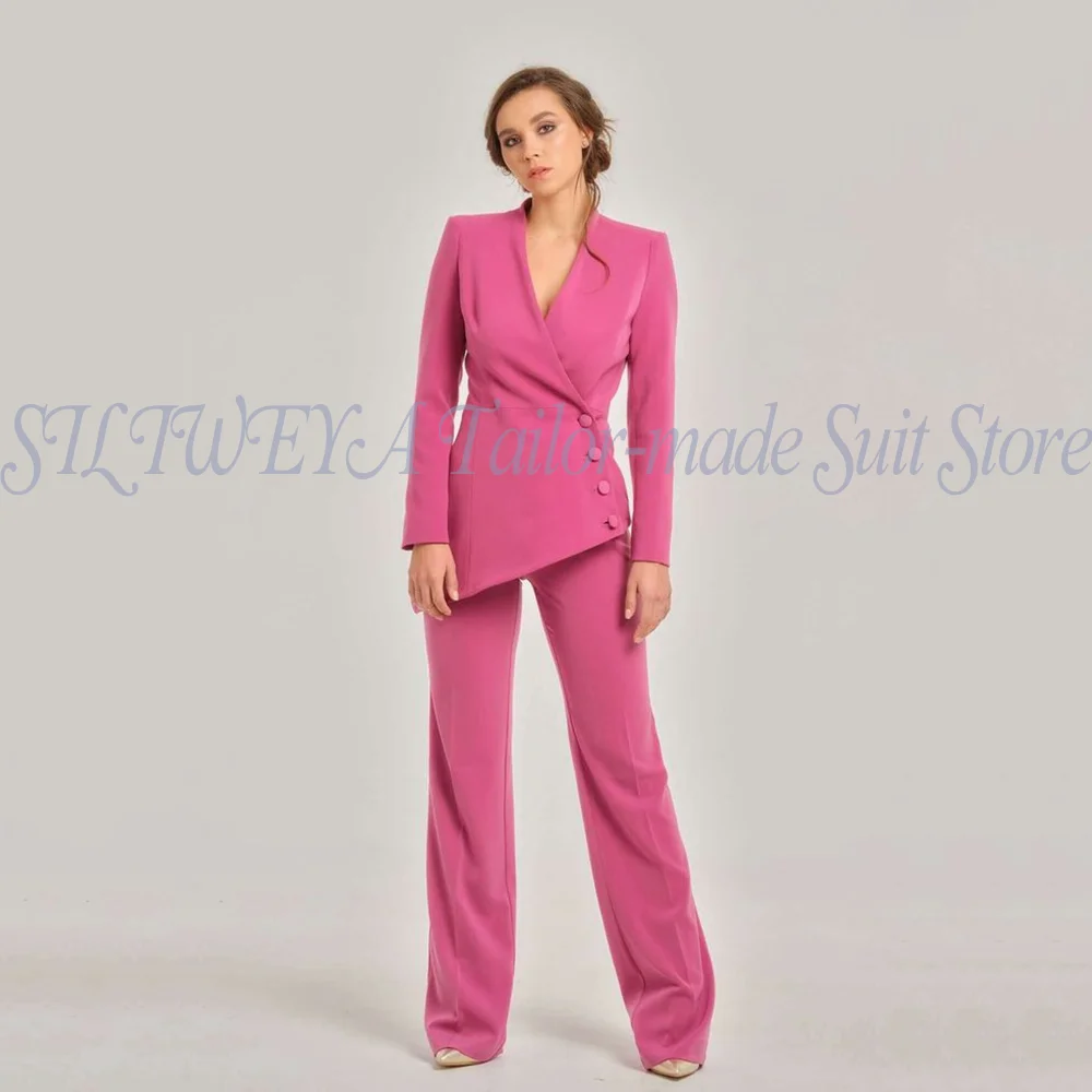 Elegant Smart Casual 2 Pieces Outfit For Women Fuchsia Tailored Suit Set Asymmetric Jacket Fashion Trousers for Formal Events