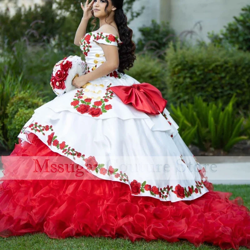 2022 удивительные вышитые платья Charro Quinceanera с открытыми плечами бантом ярусный сатин Бальное Платье милое 16 платье