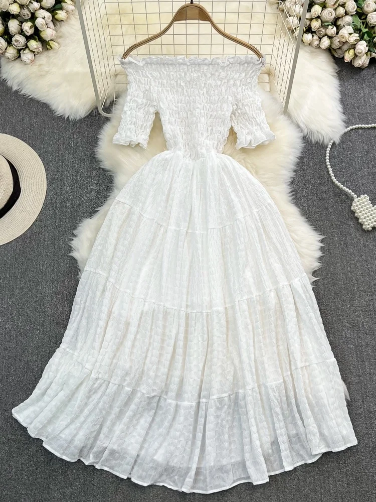 Summer Gentle Wind Fairy A-Line One-oulder Bridesmaid Dr Beach Vaion Maxi Skirt High Waist ort Sve Pure Color - view 3