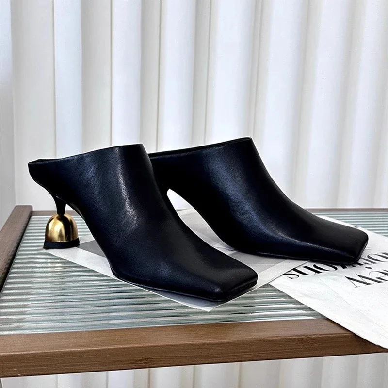 Retro Square Headed Wine Glasses Slippers for Women in Summer 2025 New Wearing Half Drag High Heels for Women Zapatos De Mujer