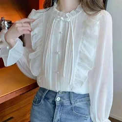 2024 Spring Women New Fashion Solid Color French Lotus Leaf Lace Comfortable Gentle Chiffon Chinese Style Tassels All-match Tops